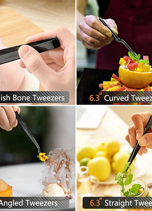 JETKONG 6 Pcs Cooking Tweezer Tongs, 12'' and 6.3" Stainless Steel Kitchen Tweezer Set, Professional Chef Tweezers for Cooking, Repairing, Sea Food, BBQ, Multi-use (Black)