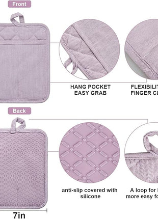 Pot Holders Yarn-Dyed Set of 3 Non Slip Silicone Kitchen Lines Heat Resistant 500℉ Kitchen Gloves BBQ Cooking Baking Cooking Barbecue Microwave Machine Washable (Purple Pot Holders)