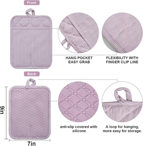 Pot Holders Yarn-Dyed Set of 3 Non Slip Silicone Kitchen Lines Heat Resistant 500℉ Kitchen Gloves BBQ Cooking Baking Cooking Barbecue Microwave Machine Washable (Purple Pot Holders)