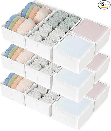 DIMJ Drawer Organizers Clothes, Set of 12 Dresser Organizer Bins, Fabric Closet Organizers and Storage, Shallow Drawer Dividers for Nursery, Clothing, Baby Clothes, Socks, Underwears, Tie (White)