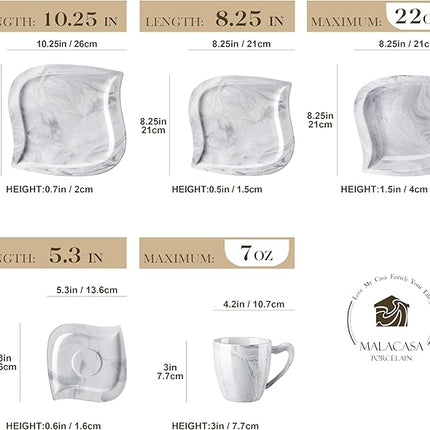 MALACASA Marble Grey Dinnerware Sets, 30-Piece Porcelain Dinnerware Set, Modern Plates and Bowls Set with Dinner Plate, Dessert Plate and Salad Pasta Bowl, Cup and Saucer, Service for 6, Series Elvira