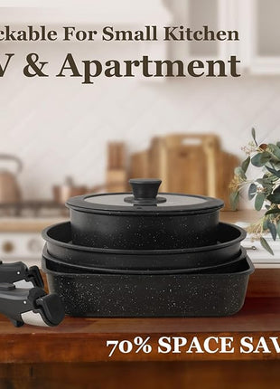 KIKCOIN 22 Pcs Pots and Pans Set Non Stick, Detachable Handle Cookware Sets Nonstick, RV Kitchen Cooking Set with Removable Handles, Frying Pans - Induction/Dishwasher/Oven Safe (Black)