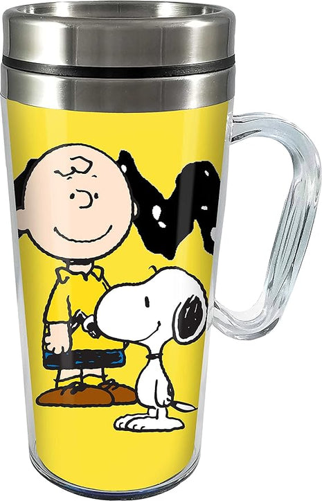 Spoontiques Peanuts Insulated Travel Mug, 14oz - Double Wall Stainless & Acrylic Drink Cup with Twist Top Lid & Handle - Charlie Brown
