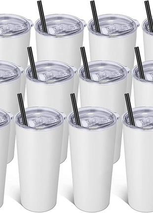 VEGOND 20oz Tumbler Bulk with Lid and Straw 12 Pack, Stainless Steel Vacuum Insulated Tumbler, Double Wall Coffee Cup Travel Mug, White