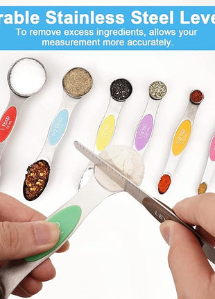 Aovchei 8 PCS Magnetic Measuring Spoons Set, Dual Sided, Stainless Steel Small Tablespoon, Teaspoons, Fits in Spice Jars, for Dry and Liquid, Multi-Color