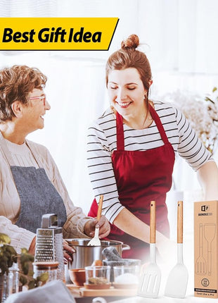 Pack of 2 Silicone Cooking Spatula, Heat Resistant Solid Turner, Non Stick Slotted Spatulas with Wooden Handle,Ideal Wood Kitchen Utensils Set for Frying, Baking, Flipping, Turning (WHITE)