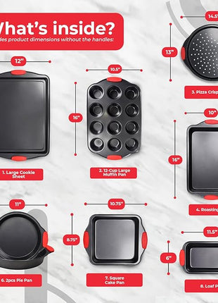 PERLLI Non-Stick 8-Piece Baking Pan Set, BPA-Free Carbon Steel Bakeware Set with Silicone Handles, Stackable Kitchen Oven Set, Cookie Sheet, Baking Tray, Baking Sheet Set, Oven Safe (446°F)