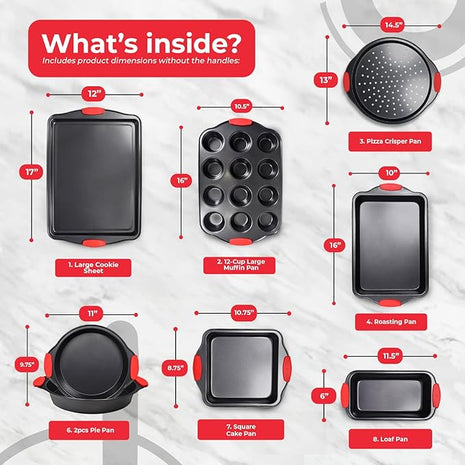 PERLLI Non-Stick 8-Piece Baking Pan Set, BPA-Free Carbon Steel Bakeware Set with Silicone Handles, Stackable Kitchen Oven Set, Cookie Sheet, Baking Tray, Baking Sheet Set, Oven Safe (446°F)