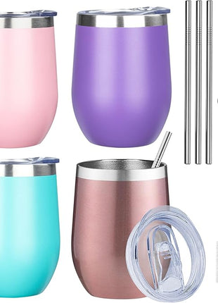 MEZMUT 12oz Insulated Wine Tumbler with Lid Double Wall Vacuum Stainless Steel Wine Glass Coffee Mug Insulated Tumbler Cup for Champaign, Cocktail, Beer (Multi,4 Pack)