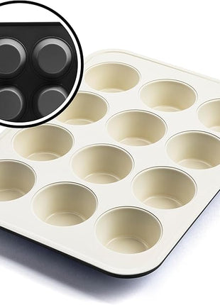GreenLife 12-Cup Muffin Pan, PFAS-Free Healthy Nonstick Baking Tray, 11.4" x 1.9" x 15.9", Durable Ceramic Bakeware, Cupcakes, Egg Bites, Tarts, Brownies, Black