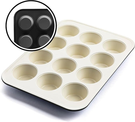 GreenLife 12-Cup Muffin Pan, PFAS-Free Healthy Nonstick Baking Tray, 11.4" x 1.9" x 15.9", Durable Ceramic Bakeware, Cupcakes, Egg Bites, Tarts, Brownies, Black