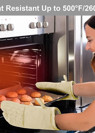 KEGOUU Oven Mitts and Pot Holders 6pcs Set, Kitchen Oven Glove High Heat Resistant 500 Degree Extra Long Oven Mitts and Potholder with Non-Slip Silicone Surface for Cooking (Beige)