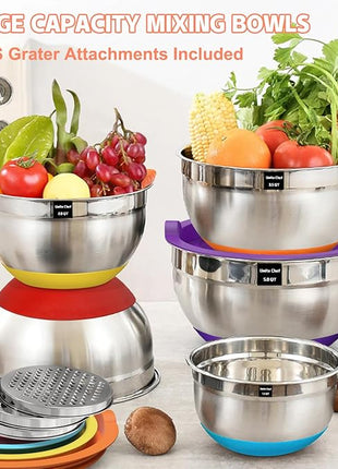 Umite Chef Mixing Bowls with Airtight Lids Set, 8PCS Stainless Steel Nesting Bowls Set, 3 Grater Attachments & Non-Slip Bottoms, Size 5, 4, 3.5, 2, 1.5QT for Baking & Mixing(Colorful)