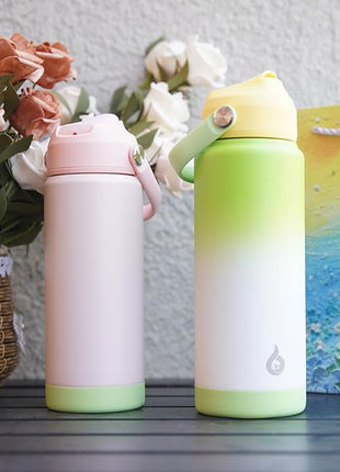 BJPKPK Insulated Water Bottle with Straw Lid, 18oz Thermo Water Bottles, Flex Handle & Non-slip Boot, BPA Free Leak Proof Stainless Steel Metal Thermo, Tumblers, Cups,Pearl Pink