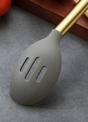 Berglander Non-stick Silicone Slotted Spoon, Titanium Gold Plated Handle, Basting Spoon, Dishwasher Safe, Easy to Clean
