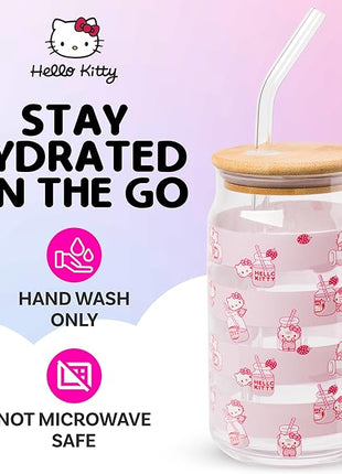 Silver Buffalo Sanrio Hello Kitty Strawberry Milk Pink Glass Jar Tumbler with Bamboo Lid and Glass Straw, 16 Ounces