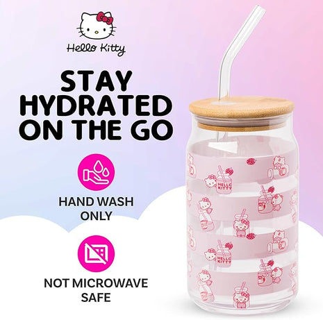Silver Buffalo Sanrio Hello Kitty Strawberry Milk Pink Glass Jar Tumbler with Bamboo Lid and Glass Straw, 16 Ounces