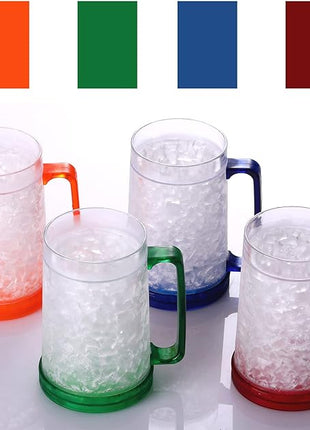 Double Wall Gel Frosty Freezer Ice Mugs Clear 16oz Set of 4 (Blue, Red, Orange and Green)