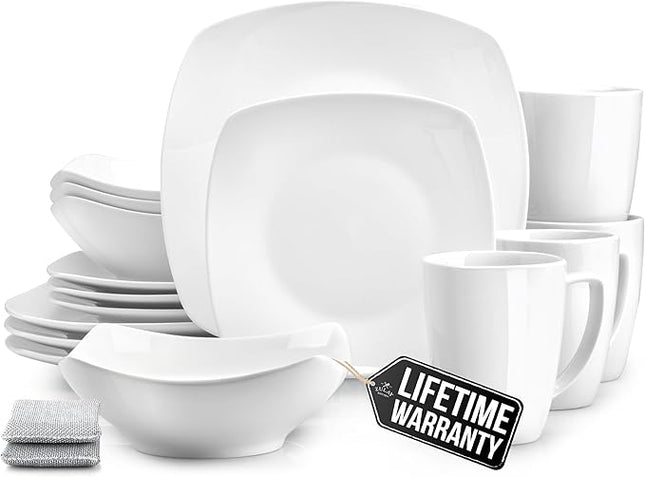 Zulay Kitchen Luna Plates and Bowls Sets, 16 Piece Modern Porcelain Dish Set for 4, Chip and Scratch Resistant Square Dinnerware Set, Microwave and Dishwasher Safe, Pearl White