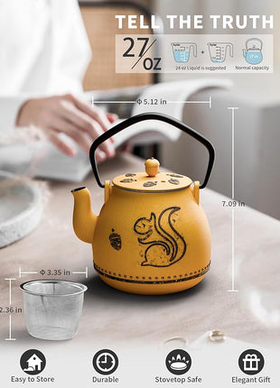 Toptier Teapot with Removable Infuser, Cast Iron Tea Kettle Stovetop Safe, Squirrel Design Tea Pot Coated with Enameled Interior for 32 Ounce (950 ml), Orange