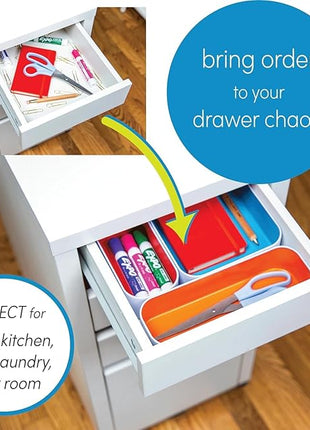 Three by Three Seattle 6 Piece Shallow Metal Organizer Tray Set for Storing Makeup, Stationery, Utensils, and More in Office Desk, Kitchen and Bathroom Drawers (1 Inch, Gold and White)