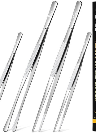 HOTEC Kitchen Tweezers Tongs Stainless Steel, Set of 4-10" and 12inch Extra-Long Food Tweezers Fine Kitchen Tongs for Cooking,Grill and Baking
