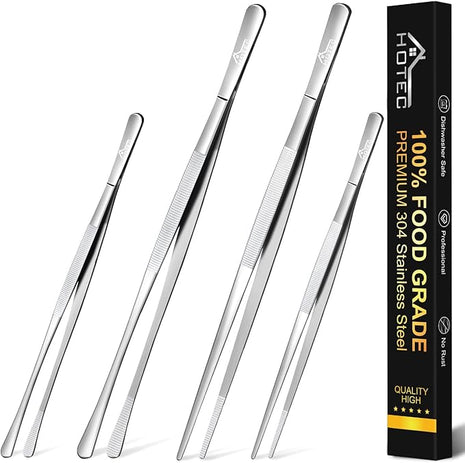 HOTEC Kitchen Tweezers Tongs Stainless Steel, Set of 4-10" and 12inch Extra-Long Food Tweezers Fine Kitchen Tongs for Cooking,Grill and Baking