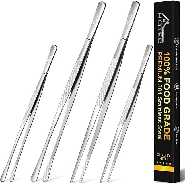 HOTEC Kitchen Tweezers Tongs Stainless Steel, Set of 4-10" and 12inch Extra-Long Food Tweezers Fine Kitchen Tongs for Cooking,Grill and Baking
