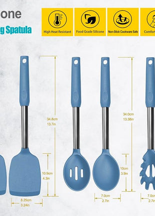 Silicone Spatula and Cooking Spoon,5 Pack Solid & Slotted Spoons and Spatulas High Heat resitant for Kitchen, Stainless Steel Handle Coated with Silicone, Non Stick Utensil, Starry blue