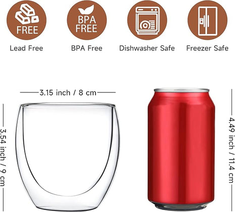 CNGLASS Double Wall Glass Espresso Cups 8.5 oz,Clear Insulated Glass Coffee Mug for Cappuccino,Tea,Set of 2