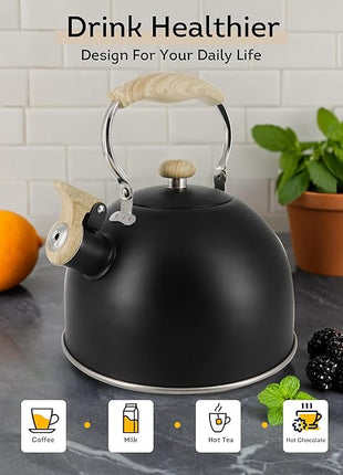 Lily's Home Whistling Tea Kettle, Teapot for Stovetop, Pleasant Whistle Sound, Heat Resistant Plastic Handle – Faux Wood Finish, Non Toxic Stove Kettle for Boiling Water - 2.5 Quarts (Black)