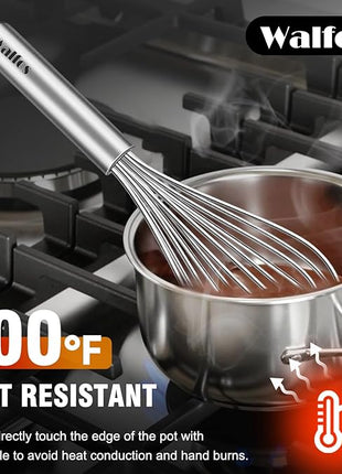 Walfos Whisk,304 Stainless Steel whisk,No-Rust 7+9+11inch Whisks for cooking Nice for Blending,Whisking,Beating.Heat resistant 600°F Dishwasher Safe. Heavy duty kitchen whisk.17.7+22.8+27.9cm -SILVER