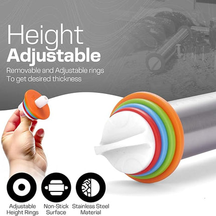17 Inch Adjustable Stainless Steel Rolling Pin with 4 Thickness Rings & Non-Stick Pastry Mat – Professional Dough Roller for Pizza, Cookies, Pasta & Pies - Red