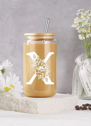 Coolife Initial Glass Cup, Monogrammed Gifts for Women, 16 oz Glass Cups w/Lids Straws, Iced Coffee Smoothie Beer Tumbler w/Straw Lid - Personalized Christmas, Birthday Gifts for Her Mom Friend Woman