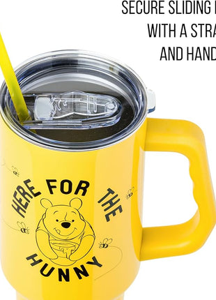 Silver Buffalo Disney Winnie the Pooh Here for the Hunny Stainless Steel Tumbler with Handle and Straw, Fits in Standard Cup Holder, 40 Ounces