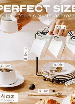 Lareina 3-Ounce Porcelain Espresso Cups Set of 6, Stackable Coffee Cups with Saucers, Spoons and Metal Stand, Ceramic Demitasse Mugs, Espresso Accessories for Machine, White