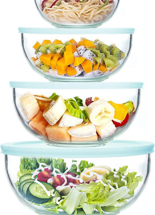WhiteRhino 8 Piece Glass Bowls with Lids, Heat Resistant Glass Mixing Bowls Set (3.7QT, 2.1QT, 1.1QT, 0.53QT), Clear Salad Bowls with BAP-Free Lids for Kitchen, Oven Microwave Dishwasher Safe