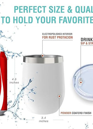 CHILLOUT LIFE 12 oz Stainless Steel Wine Tumblers 2 Pack & 1 Insulated Wine Bottle - Double Wall Vacuum Insulated Wine Glasses Cups with Lids and Straws Set Keeping Cold & Hot Gift Set