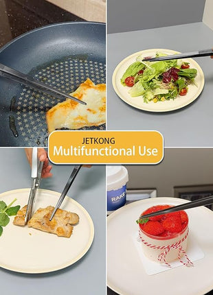 JETKONG 14-Inch Long Stainless Steel Thin Tongs Heavy Duty Kitchen Cooking Tweezers Tongs, Set of 3 (14 14 14 Inch, Black)