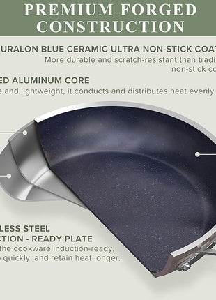 Nuwave Healthy Duralon Blue Ceramic Nonstick Cookware Set, Diamond Infused Scratch-Resistant, PFAS Free, Dishwasher & Oven Safe, Induction Ready & Evenly Heats, Tempered Glass Lids & Stay-Cool Handles