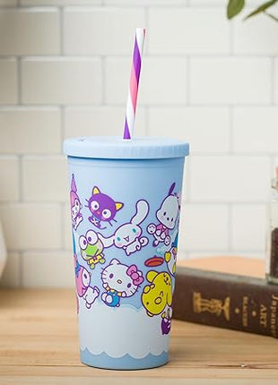 Silver Buffalo Sanrio Hello Kitty and Friends Featuring Little Twin Stars, My Melody, Kuromi, Keroppi, Chococat, Cinnamoroll, Pompompurin, Pochacco, Tuxedo Sam, Badtz-Maru Matte Plastic Tumbler, 20oz
