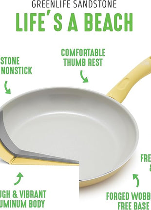 GreenLife Soft Grip Healthy Ceramic Nonstick 15 Piece Kitchen Cookware Pots and Frying Sauce Saute Pans Set, PFAS-Free with Kitchen Utensils and Lid, Dishwasher Safe, Yellow