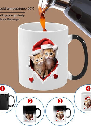 Caliamary Heat Changing Mug, Funny Cat Heat Changing Ceramic Coffee Mug, 11 oz Heat Sensitive Color Changing Coffee Mug Cup, Cute Xmas Gift Mug for Women Men Kids… (Two cats)