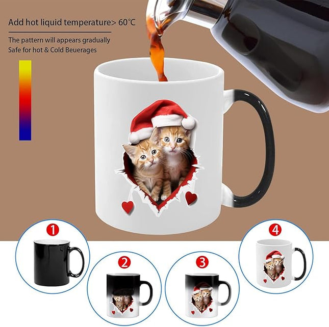 Caliamary Heat Changing Mug, Funny Cat Heat Changing Ceramic Coffee Mug, 11 oz Heat Sensitive Color Changing Coffee Mug Cup, Cute Xmas Gift Mug for Women Men Kids… (Two cats)
