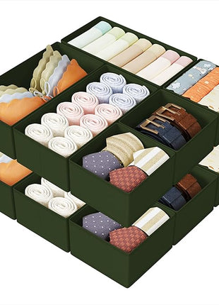 DIMJ Drawer Organizers Clothes, Set of 12 Dresser Organizer Bins, Fabric Closet Organizers and Storage, Shallow Drawer Dividers for Nursery, Clothing, Baby Clothes, Socks, Underwears, Tie (Green)