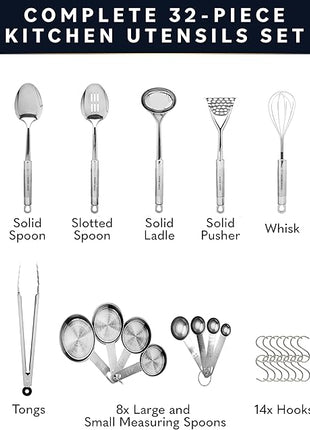 Home Hero 32-Piece Stainless Steel Kitchen Utensil Set - Heat-Resistant Nonstick Silicone Tools - Durable Stainless Steel Cooking Tools - Measuring Cups & Spoons with Holder - 32 Pc, Silver