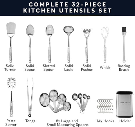 Home Hero 32-Piece Stainless Steel Kitchen Utensil Set - Heat-Resistant Nonstick Silicone Tools - Durable Stainless Steel Cooking Tools - Measuring Cups & Spoons with Holder - 32 Pc, Silver