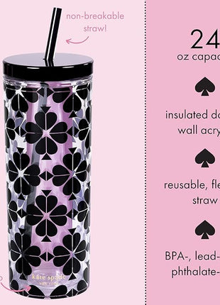 kate spade new york Acrylic Tumbler with Lid and Straw, 24 oz Tumbler, Slim Double Wall Tumbler, Spade Flower Stripe