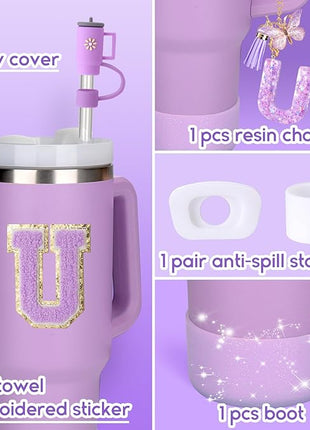 Mity rain 6PCS Cup Accessories Set for Stanley Cup 30oz 40oz tumbler with handle, Including Silicone Straw Topper Cover Cap and Boot, Spill Proof Stopper, Handle Charm, Initials Sticker (Letter U)