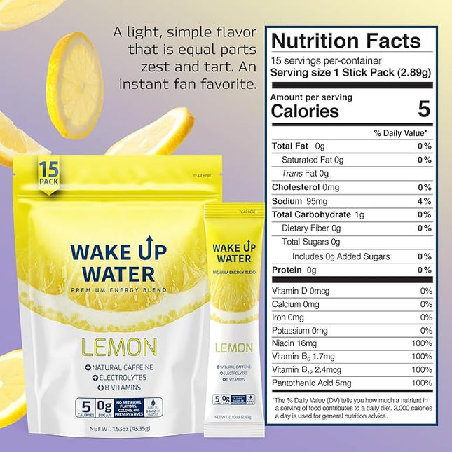 Wake Up Water Energy Drink Mix, Sugar Free Clean Energy Powder with Electrolytes & B Vitamins, Natural Caffeine for Focus & Hydration (15 Pack) - Lemon